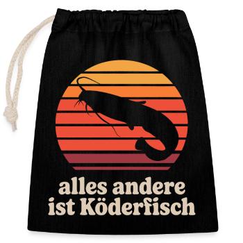 Wallerfischen_alles_andere_ist_Koederfisch_03 - Verschließbarer Geschenkbeutel aus Baumwolle (25x30cm) - Schwarz - Vorne