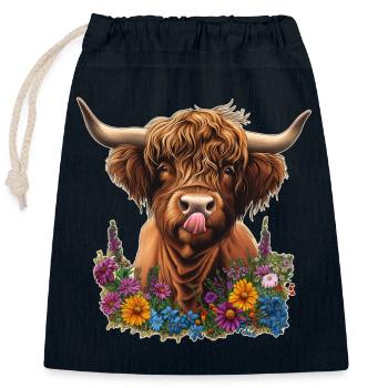 Bovins Highland avec des fleurs - Sac cadeau en coton avec cordon (25 x 30 cm) - bleu marine - Devant