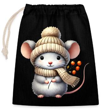 entzückende Maus mit einer warmen Strickmütze - Verschließbarer Geschenkbeutel aus Baumwolle (25x30cm) - Schwarz - Vorne