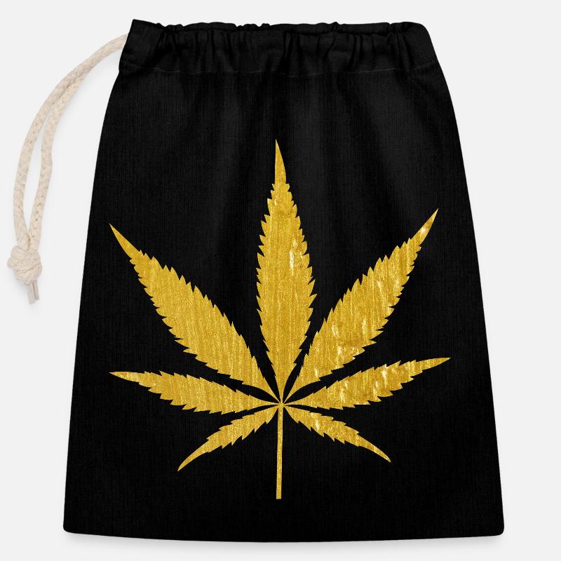 Illustration de feuille de marijuana dorée - Sac cadeau en coton avec cordon (25 x 30 cm) - noir