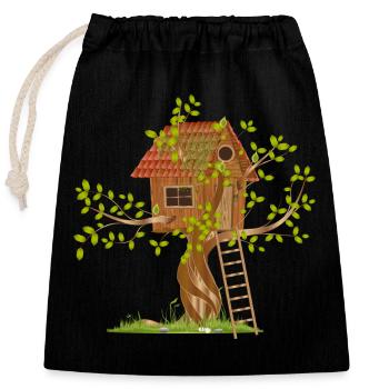 schiefes Baumhaus in der Baumkrone mit Leiter - Verschließbarer Geschenkbeutel aus Baumwolle (25x30cm) - Schwarz - Vorne