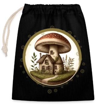 Design of a toadstool as a fairytale house in the forest - Closable cotton gift bag (25x30cm) - black - Front