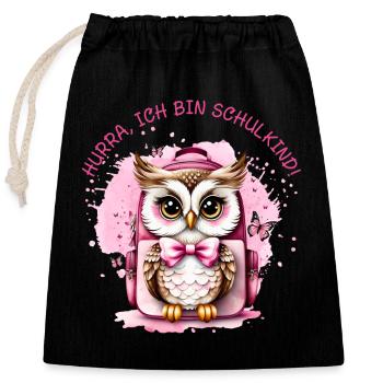 Owl satchel pink - Hooray I'm a schoolchild - Closable cotton gift bag (25x30cm) - black - Front