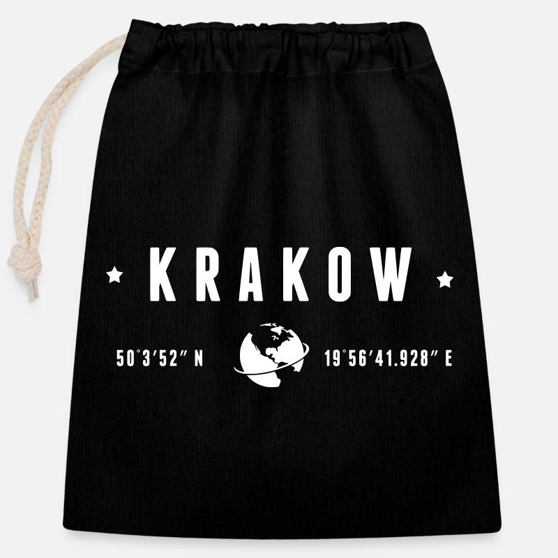 Krakow Coordonnées GPS Globe Typographie Blanc - Sac cadeau en coton avec cordon (25 x 30 cm) - noir