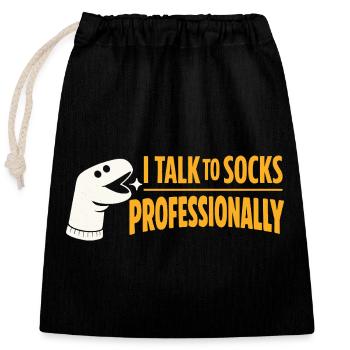 Talking to Socks | Sock Puppet Humor - Closable cotton gift bag (25x30cm) - black - Front