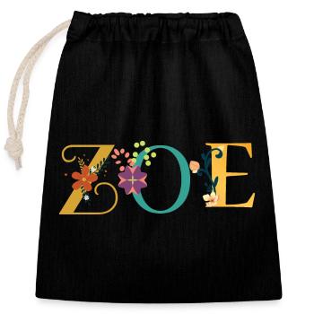 Art du prénom ZOE avec fleurs brodées - Sac cadeau en coton avec cordon (25 x 30 cm) - noir - Devant