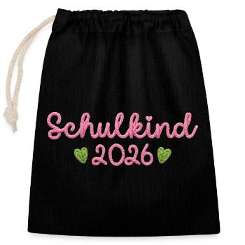Schulkind 2026 mit Herzen Faux Yarn Strickmuster  - Verschließbarer Geschenkbeutel aus Baumwolle (25x30cm) - Schwarz - Vorne