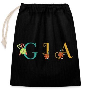 GIA Namenskunst mit gestickten Blumen - Verschließbarer Geschenkbeutel aus Baumwolle (25x30cm) - Schwarz - Vorne