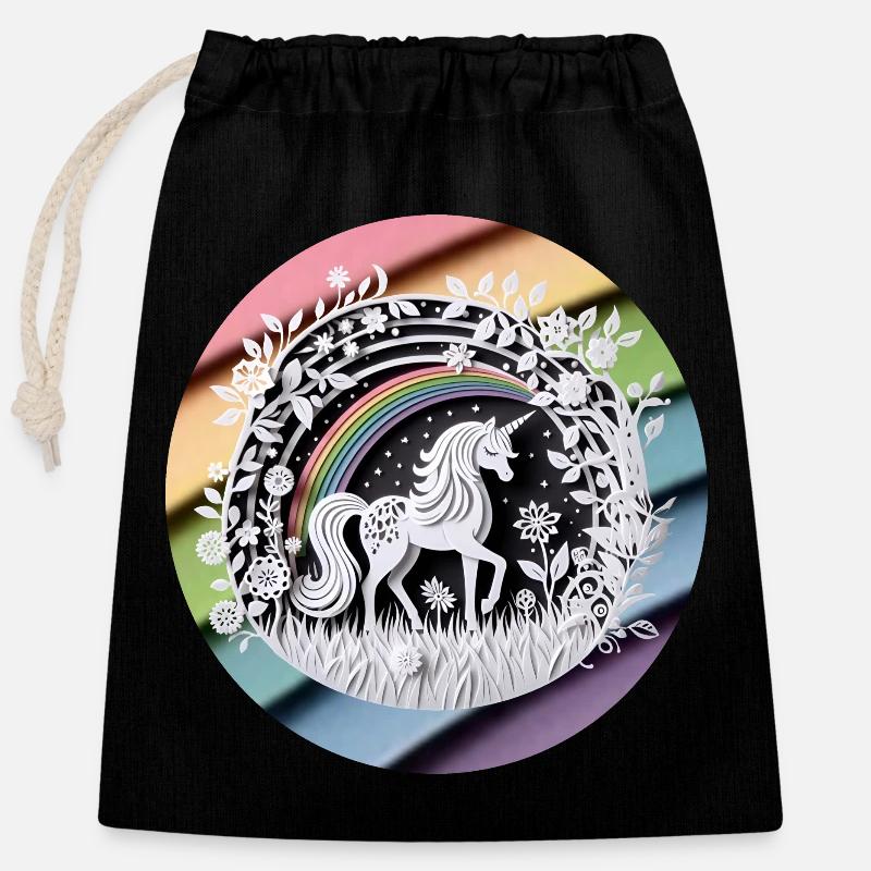 Mignon licorne arc-en-ciel papier découpé - Sac cadeau en coton avec cordon (25 x 30 cm) - noir