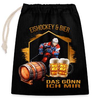Eishockey & Bier - Das gönn ich mir - Verschließbarer Geschenkbeutel aus Baumwolle (25x30cm) - Schwarz - Vorne