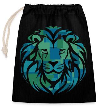 Tête de lion, bleu, vert, turquoise - Sac cadeau en coton avec cordon (25 x 30 cm) - noir - Devant