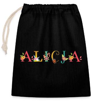 ALICJA name decorated with flowers - Closable cotton gift bag (25x30cm) - black - Front