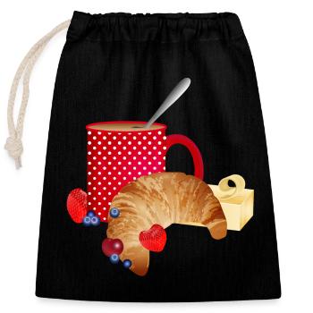 Breakfast still life with croissant, coffee, berries - Closable cotton gift bag (25x30cm) - black - Front