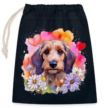 Bunter Rauhaardackel / Dackel mit Blumenkranz - Verschließbarer Geschenkbeutel aus Baumwolle (25x30cm) - Navy - Vorne