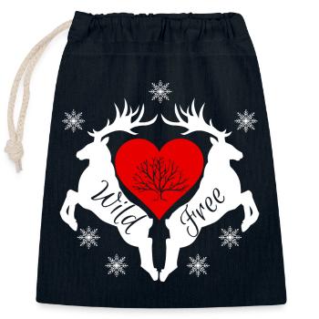 Wild Free - Heart and Stag - Winter Theme - Verschließbarer Geschenkbeutel aus Baumwolle (25x30cm) - Navy - Vorne
