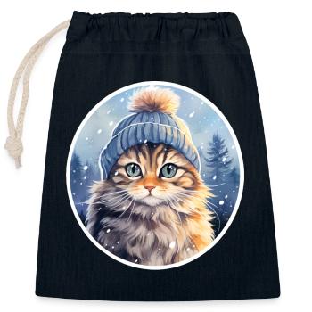 Chat en hiver - Sac cadeau en coton avec cordon (25 x 30 cm) - bleu marine - Devant