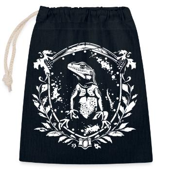 Heraldic iguana in a wreath of leaves - Closable cotton gift bag (25x30cm) - navy - Front