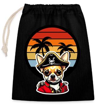 Chihuahua Pirat in Karibik Sonnenuntergang Palmen - Verschließbarer Geschenkbeutel aus Baumwolle (25x30cm) - Schwarz - Vorne