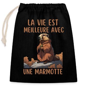 La vie est meilleure avec une marmotte - Sac cadeau en coton avec cordon (25 x 30 cm) - noir - Devant