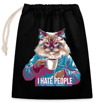 I hate people cat in pajamas with coffee - Closable cotton gift bag (25x30cm) - black - Front