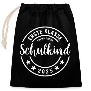 Erste Klasse - Schulkind 2025 - Name eintragen - Verschließbarer Geschenkbeutel aus Baumwolle (25x30cm) - Schwarz - Vorne