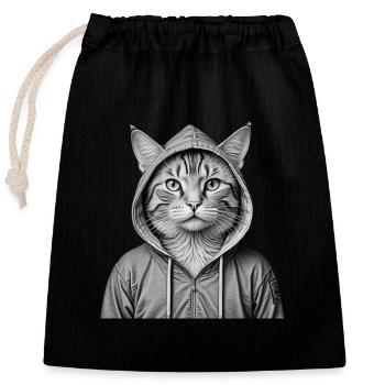 Chat cool portant un sweat à capuche - Sac cadeau en coton avec cordon (25 x 30 cm) - noir - Devant