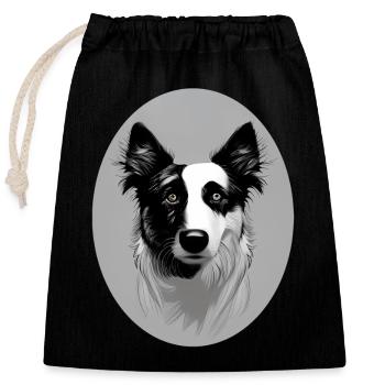 Border Collie Schwarz-Weiß oval - Verschließbarer Geschenkbeutel aus Baumwolle (25x30cm) - Schwarz - Vorne