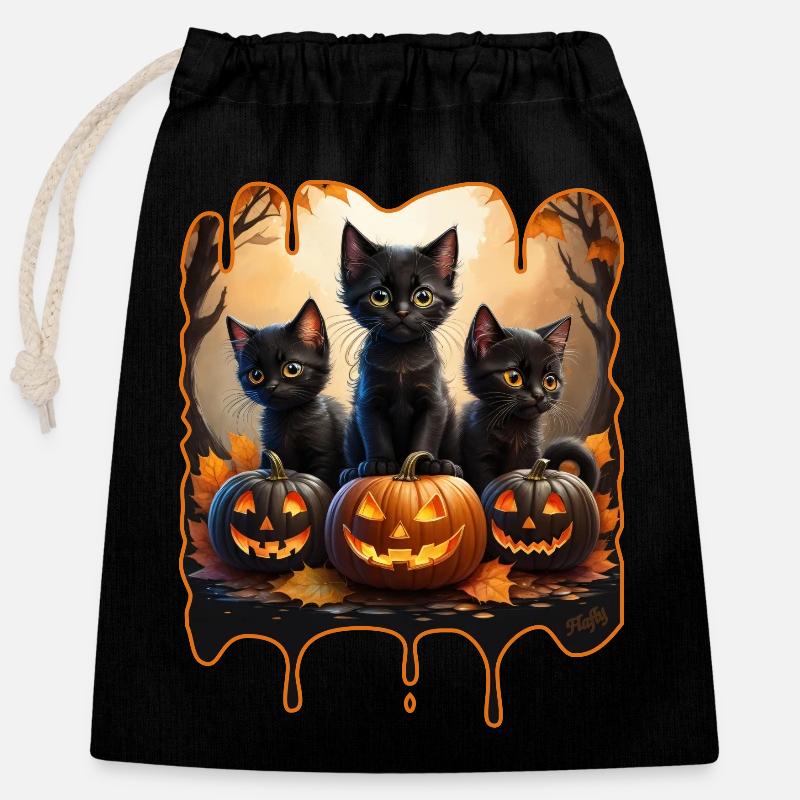 Three Halloween kittens - Closable cotton gift bag (25x30cm) - black