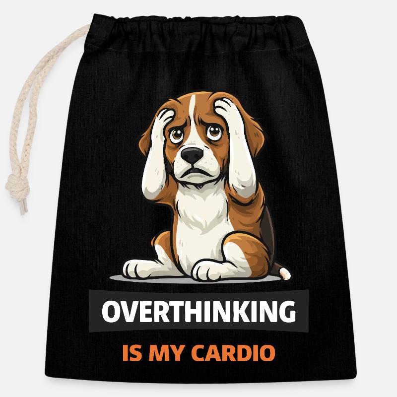 Trop réfléchir, c’est mon chien cardio - Sac cadeau en coton avec cordon (25 x 30 cm) - noir