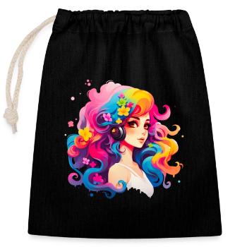 Girl with bright colorful hair - Closable cotton gift bag (25x30cm) - black - Front