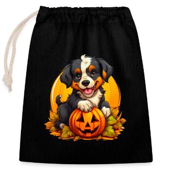 Cute Bernese Mountain Dog in autumn with pumpkin - Closable cotton gift bag (25x30cm) - black - Front