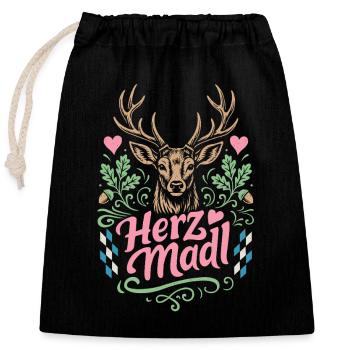 Hirsch - Herzmadl - Festzelt, Bier und Gaudi - Verschließbarer Geschenkbeutel aus Baumwolle (25x30cm) - Schwarz - Vorne