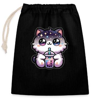 Chats buvant du thé à bulles Galaxy Boba Cat - Sac cadeau en coton avec cordon (25 x 30 cm) - noir - Devant
