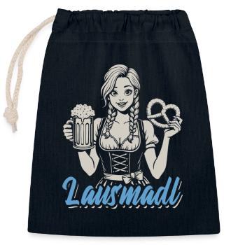 Lausmadl - Madl im Dirndl - Bier und Bretzel - Verschließbarer Geschenkbeutel aus Baumwolle (25x30cm) - Navy - Vorne