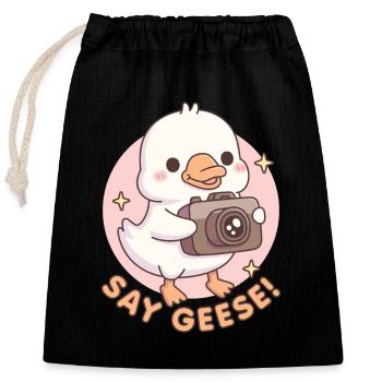 Mignon bébé oie avec appareil photo dire oies jeu de mots drôle - Sac cadeau en coton avec cordon (25 x 30 cm) - noir - Devant