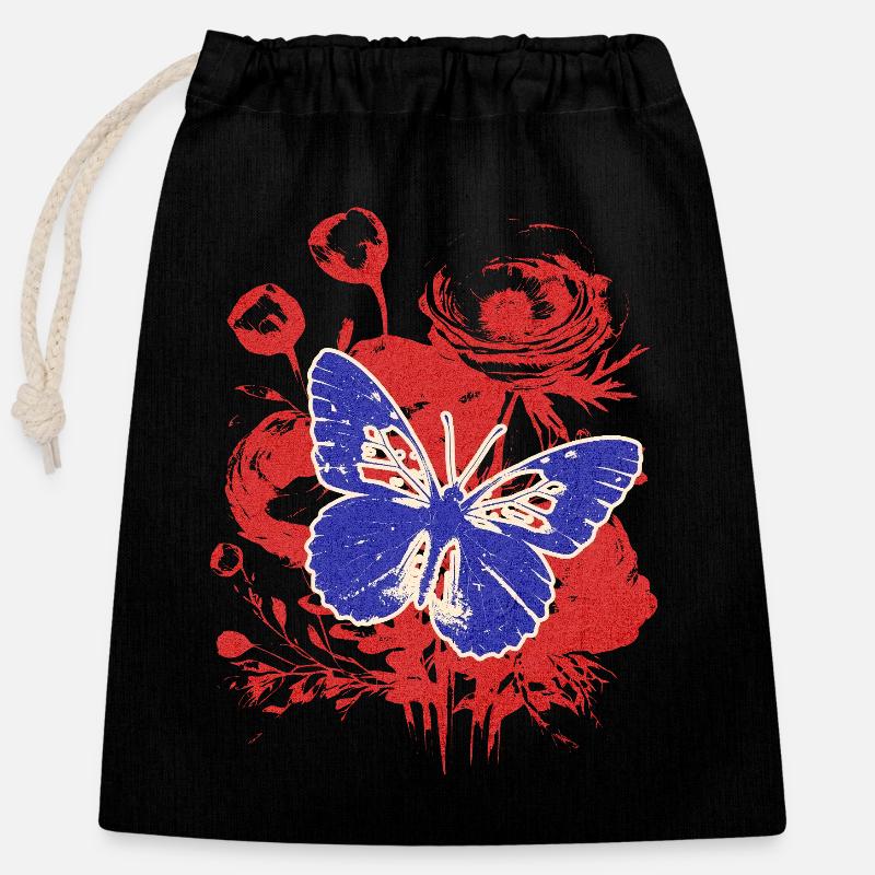 Papillon Vintage avec des Fleurs - Sac cadeau en coton avec cordon (25 x 30 cm) - noir