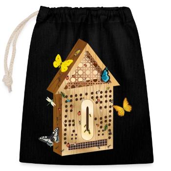 Wood look insect hotel with insects illustration - Closable cotton gift bag (25x30cm) - black - Front