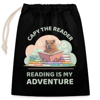 Capybara while reading - Reading adventure - Closable cotton gift bag (25x30cm) - black - Front