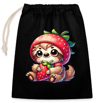 Sloth Strawberry Summer Fruit Design - Closable cotton gift bag (25x30cm) - black - Front