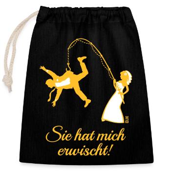 Sie Hat Mich Erwischt! (Junggesellenabschied JGA) - Verschließbarer Geschenkbeutel aus Baumwolle (25x30cm) - Schwarz - Vorne