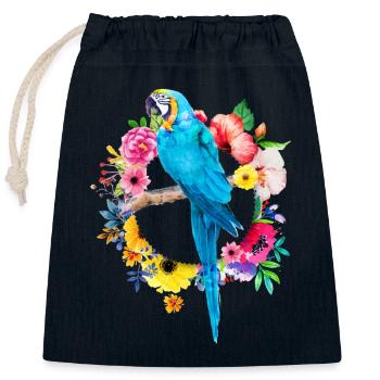 Parrot Macaw Bird Animal Flowers Flower Wreath Colorful - Closable cotton gift bag (25x30cm) - navy - Front