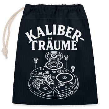 Kaliber Traeume „Weißes Uhrwerk – Zeit in Bewegung - Verschließbarer Geschenkbeutel aus Baumwolle (25x30cm) - Navy - Vorne