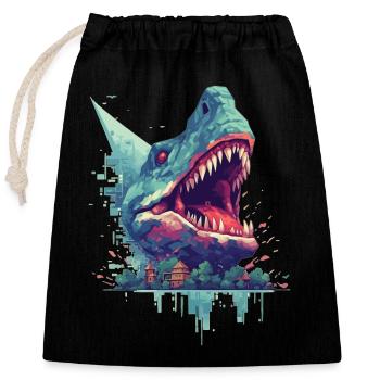 Pixel Dino Dinosaurier Gamer Design - Verschließbarer Geschenkbeutel aus Baumwolle (25x30cm) - Schwarz - Vorne