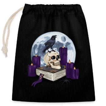 Livre de sorcière avec crâne et corbeau à la pleine lune - Sac cadeau en coton avec cordon (25 x 30 cm) - noir - Devant