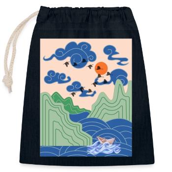 Korean Art Design with Cranes & Origami Boat - Closable cotton gift bag (25x30cm) - navy - Front