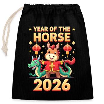 Nouvel An chinois du cheval 2026 - Sac cadeau en coton avec cordon (25 x 30 cm) - noir - Devant