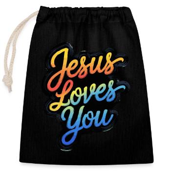 Jesus loves you - Gott liebt Dich! - Verschließbarer Geschenkbeutel aus Baumwolle (25x30cm) - Schwarz - Vorne