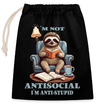 Clever sloth with book - Closable cotton gift bag (25x30cm) - black - Front