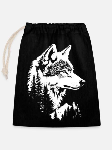 Wolf Gesicht Natur Silhouette - Verschließbarer Geschenkbeutel aus Baumwolle (25x30cm) - Schwarz