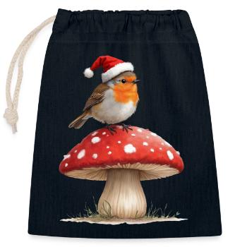 Robin in Santa Hat on a Red Mushroom - Closable cotton gift bag (25x30cm) - navy - Front